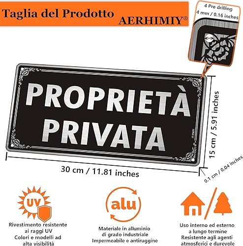 Cartello Proprietà Privata Alluminio Spazzolato 15x30 cm, Cartello Proprietà Privata Metallo Targhetta Proprietà Privata Protezione UV, Impermeabile, Antiruggine, Con fori - Honorern