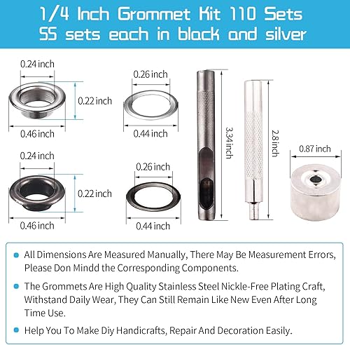 Set di occhielli in acciaio inox, 1/4 pollici, set di 113 occhielli, occhielli con base, strumento a punta per teli, teloni, coperture per barche - Honorern