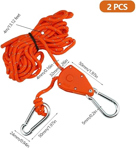 2 Pezzi Riflettenti Rope Ratchet Con Gancio 4 M, Arancione 1/8 Cricchetto Di Corda Regolabili Capacità Di Carico 68 Kg/Paio, Nylon Cricchetto A Corda Supporto per Lampada Da Pianta, Tenda, Escursioni - Honorern