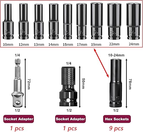 10 pezzi Set di boccole a impatto, 10/12/13/14/15/17/19/22/24 mm, custodia lunga, prese e cassette, bussola esagonale da 1/2' per riparazione auto - Honorern