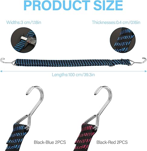 Set Da 4 Extra Forti Elastico Tenditori, Corde Elastiche con Gancio, 100cm Corde Elastiche con Gancio Regolabile, Corda Elastica per Teloni, Campeggio, Portapacchi, Auto, Bici - Honorern