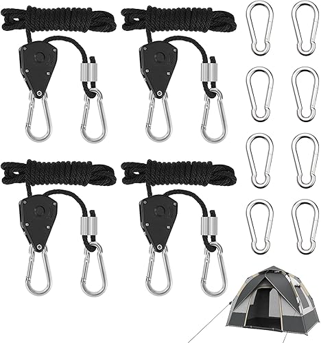 4 Pezzi 2,4m Cinghia A Cricchetto con 8 Moschettone, 1/8' Corda con Carrucola con Capacità di Carico di 68 Kg, Lunghezza Regolabile Cinghie A Cricchetto Facile da Usare - Honorern