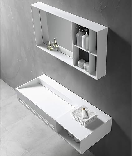Lavabo sospeso con portaoggetti e porta asciugamani TWG62 - Solid Surface - bianco opaco, Larghezza lavabo:120 cm - Honorern