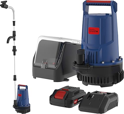 Güde Pompa impermeabile a batteria RFP 18-201-23 (18 V, 2000 l/h, altezza massima 7 m, lunghezza cavo 3 m, profondità massima di immersione 2,5 m, batteria 2,0 Ah, caricatore rapido, tempo di ricarica - Honorern