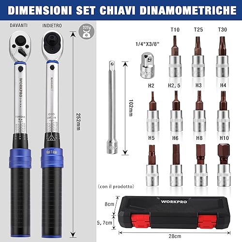 WORKPRO Chiave Dinamometrica da 1/4', Alta Precisione ±3%, 2-26 N·m, Set di Coppia da 14 Pezzi, Chiave a Cricchetto da 72 Denti, con Barra di Prolunga, per Auto, Bicicletta e Moto - Honorern