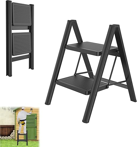 Scala pieghevole a 3 livelli, con ampio pedale antiscivolo, multifunzione, fino a 250 kg, colore nero, per casa, cucina, ufficio, esterno - Honorern
