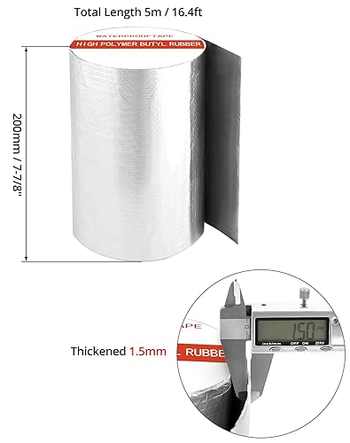 200 mm x 5 m Nastro sigillante impermeabile, Nastro butilico per la riparazione di tubi dell'acqua, tetto, grondaia, parasole e altro (spessore 1,5 mm) - Honorern