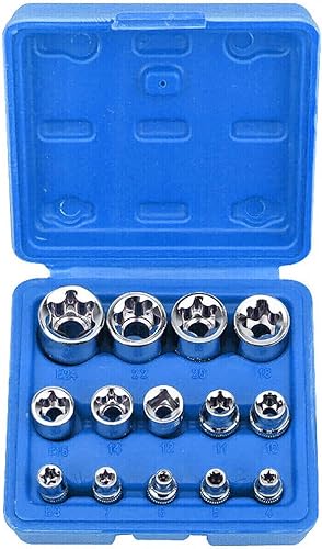 Set di chiavi a bussola Torx da 14 pezzi, 1/2', 1/4', 3/8', E4, E5, E6, E7, E8, E10, E11, E12, E14, E16, E18, E20, E22, E24 con scatola di conservazione (blu) - Honorern
