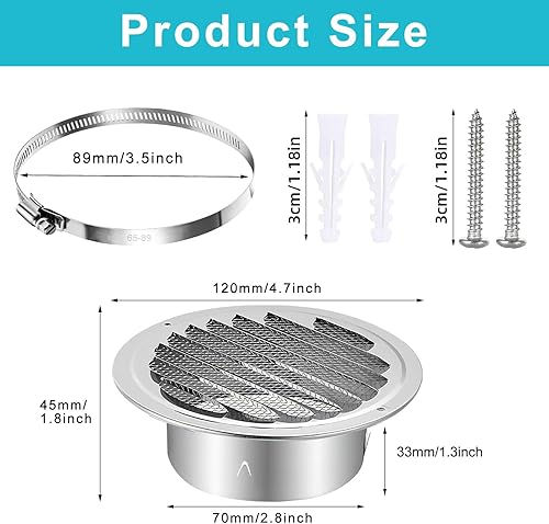 Griglia di Ventilazione 100mm 304 Acciaio Inox Rotonda Griglia Aerazione Tonda con Rete Anti-insetto e Fibbia per Uso Interno ed Esterno (100mm) - Honorern