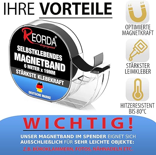 Nastro adesivo magnetico - nastro magnetico autoadesivo in dispenser con resistenza magnetica ottimizzata - Banda magnetica con applicazioni versatili - Striscia magnetica adesiva - Honorern