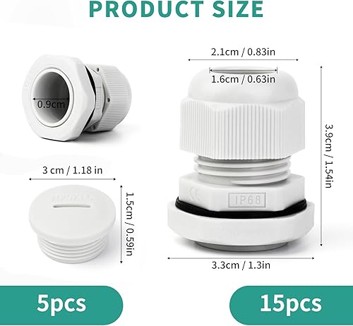 Set di Pressacavo Impermeabile Nylon, 15 Pezzi Connettori Pressacavi Impermeabili con Guarnizione, Pressacavi Regolabile con 5 Spine per Vari Collegamenti di Cavi - Honorern