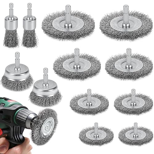 12 Pezzi Spazzole Metalliche per Trapano, Spazzola di Ferro con Codolo da 1/4 di, Spazzola Acciaio per Trapano per Rimozione di Ruggine Vernice Corrosione Lucidatura - Honorern