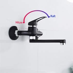 Rubinetto da cucina a parete, bocca lunga miscelatore per lavello rubinetto girevole a 360 ° in acciaio inox monocomando per lavello cucina bagno (nero) - Honorern