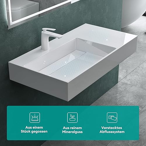 Mai & Mai Lavabo da Appoggio, Lavabo Bagno Sospeso 100x48x13cm, Lavandino Bagno Rettangolare da Marmo Fuso Colossum12-1000R, Bianco - Honorern