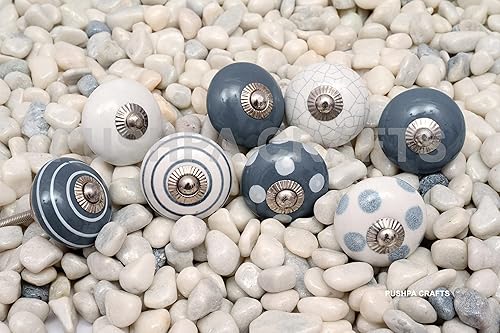 8 pomelli per armadio, cassetto, in ceramica, dipinti a mano, 8 pezzi grigio e bianco pomelli grigio - Honorern