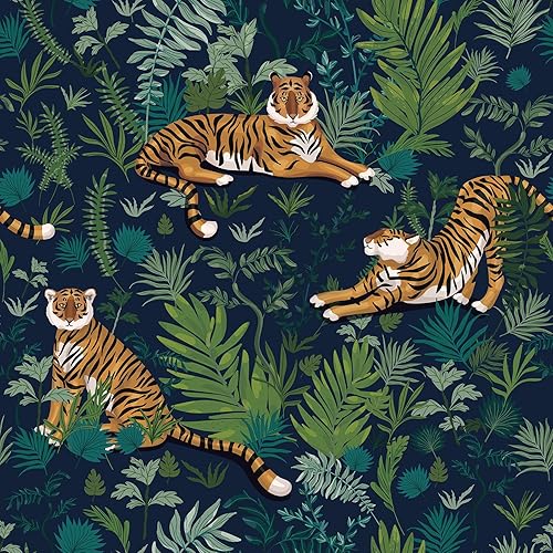 VaryPaper Carta da Parati Jungle Tropicali Carta da Parati Tigre 44.5cmx200cm Pellicola Adesiva Blu Scuro Carta Adesiva per Mobili Carta da Parati Cameretta Soggiorno Adesiva per Cassetti Armadio - Honorern