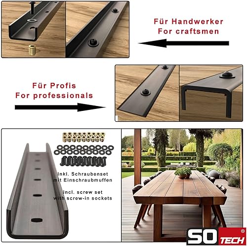 Modanature di colmo 3 pezzi a U in acciaio in look industriale 90 x 4 x 2 cm per piani di tavoli/incl. viti di fissaggio e bussole a vite Profilo di rinforzo - Honorern