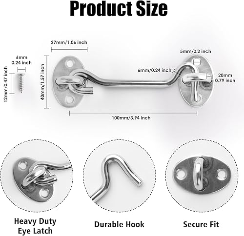 Gancio e Occhio in Acciaio Inox, 4 Pezzi Gancio Anti Tempesta Scorrevole, 100mm Gancio Finestra con Viti di Montaggio, Gancio Per Porta Capannone Fienili, Gancio per Cancello e Chiusura a Occhiello - Honorern