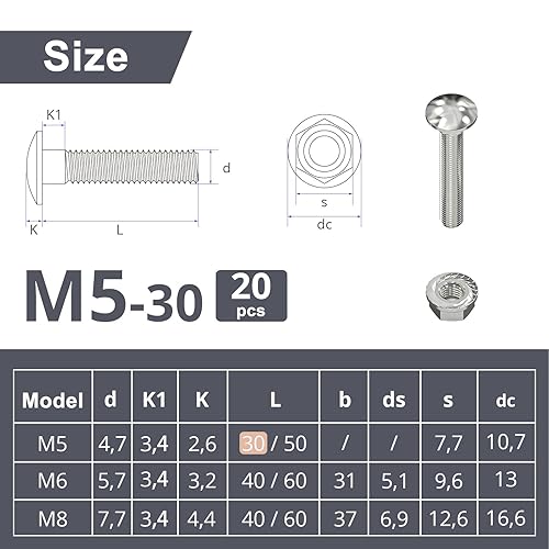 Bulloni a testa tonda M8, M8 x 30 mm, con dadi esagonali flangiati, zincati, in acciaio al carbonio, viti a testa tonda, confezione da 20 - Honorern
