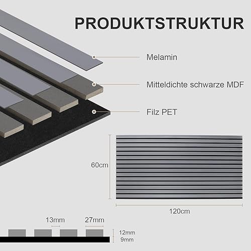 Pannelli acustici, 2,88 ㎡, set da 4 pezzi, 120 x 60 cm, pannelli da parete in legno 3D, grigi, pannelli da parete per corridoio, soggiorno, decorazione della parete interna - Honorern