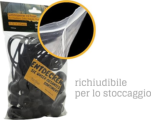 Fuxton 25 Elastici Certificati TÜV Con Sfera (Nero 11 cm) per Tende, Teloni, Manifesti, Tenditori, Cinghie di Espansione, Supporto Telone, Gomma per Tenda - Honorern