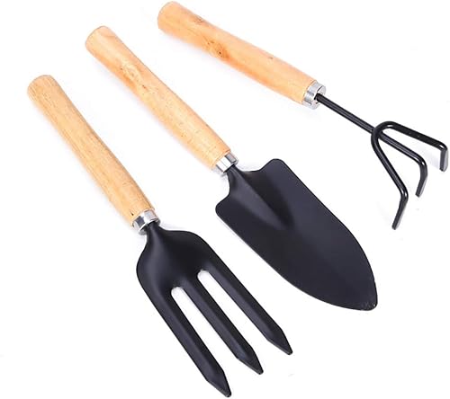 Mini Attrezzi da Giardinaggio Mini Set per Piantare Nero Piccola Rastrello Pala e Vanga Manici—3 Pezzi - Honorern