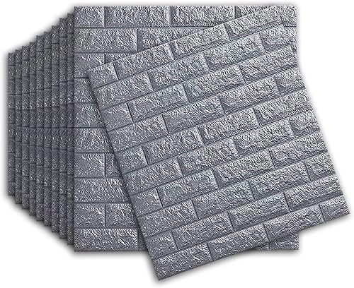 10 pannelli adesivi di carta da parati con mattoni effetto 3D, per bagno, camera da letto, soggiorno, balcone, cucina (77 x 70 cm), (grigio argento) - Honorern