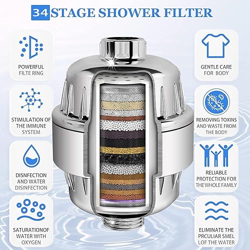 Filtro doccia a 34 stadi con vitamina C per acqua dura, filtro addolcitore d'acqua con cartuccia filtro multistadio sostituibile per rimuovere cloro, metalli pesanti - Honorern