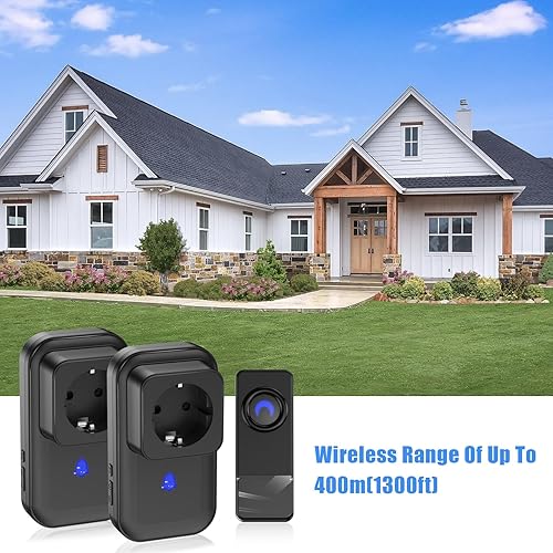 Campanello radio con presa europea, campanello senza fili, portata 260 m, 0 dB-110 dB, campanello espandibile, IP55, impermeabile, per esterni, con lampeggiante a LED, senza fili - Honorern