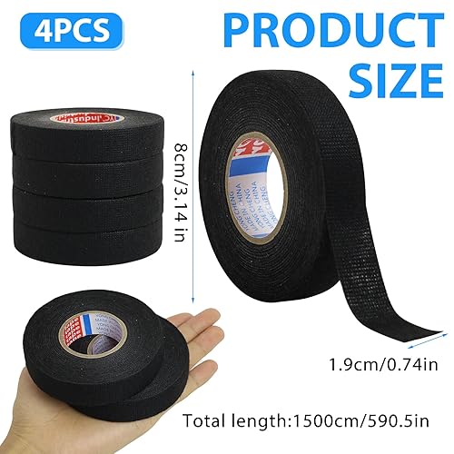4 pezzi Nastro in tessuto per auto, Nastro Adesivo 19 mm x 15 m, Nastro Isolante Nero, Nastro Tessile Autoadesivo per Cablaggi, Motocicletta per la Copertura dei Cablaggi - Honorern