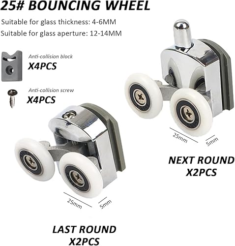 4 ruote per porta doccia, ruote per porte in vetro, ruote regolabili in altezza, doppie ruote superiori superiori doppie in vetro, adatte per tutti i tipi di bagni (25 mm) - Honorern
