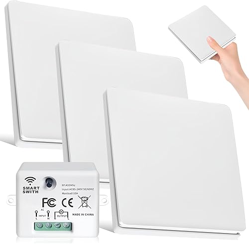 RF433 Interruttore Luce Senza Fili: Interruttore Luci Senza Fili con Ricevitore, Interruttore Senza Fili a Parete, Kit a 3 vie, Portata Fino a 50m per Lampade e Impianti Elettronici - Honorern