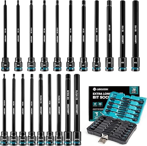 LIBRATON Chiavi Esagonali a Bussola Lunghe 3/8' Attacco, Bussole Esagonali a Impatto, Set di Bussole in Acciaio S2, 20 Bussole per Chiavi a Brugola, Metriche e SAE, Bussole Punte a Brugola Lungo da 6' - Honorern