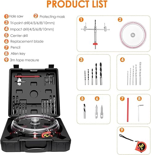 Fresa circolare regolabile 40-200 mm con cappuccio Sega a tazza professionale efficiente taglierina per fori di ventilazione, legno, luci da incasso su cartongesso, plastica - Honorern