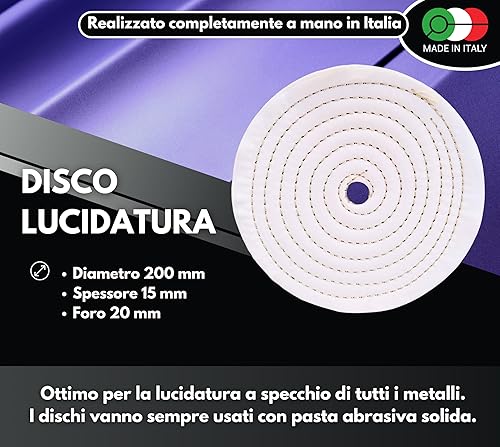 Disco Lucidatura In Feltro Cotone 200 mm Foro 20 mm Dischi Lucidare A Specchio Alluminio Cromature Metalli Acciaio Inox Ruota Lucidante Smerigliatrice Mola Ottone Rame Legno Marmo Plexiglass - Honorern