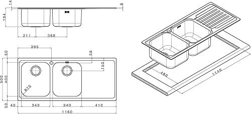 Serie Venezia Lavello da incasso 2 Vasche con Gocciolatoio a Sinistra Dimensioni 116 x 50 cm Colore Inox Spazzolato - Honorern