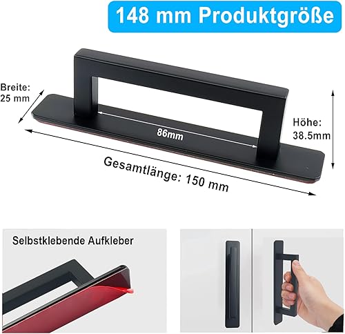 2 maniglie autoadesive per mobili, in acciaio inox, senza foratura, per armadio, cucina, porta scorrevole, porta del balcone (quadrato, nero) - Honorern