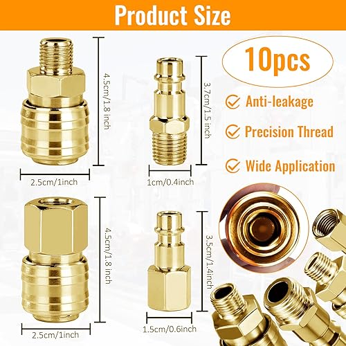 10 Pezzi Attacchi Connettore Rapidi Europei 1/4'Bsp Raccordi Aria Compressa, Rapido Per Innesto Aria e Connettori Maschio, Raccordi Aria Compressa Europei Femmina e Maschino(Oro) - Honorern