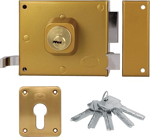 Amig - Serratura da sovrapposizione a destra con leva di chiusura, linguetta e maniglia per porte in legno mod. 73 | 100 x 85 mm | Chiusura con cilindro Europrofilo | Acciaio dorato - Honorern