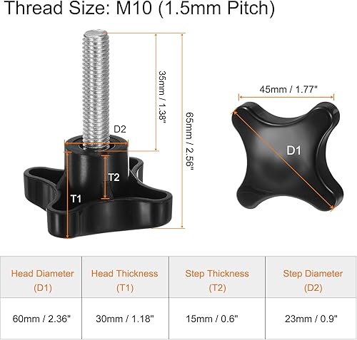 6pz Manopole di Serraggio a Stella M10 x 35mm Filettatura Maschio Metrica 60mm 4 Punti Manopola Perno Filettato Testa Plastica Manico Serraggio Manuale Vite a Testa Zigrinata, Nero - Honorern