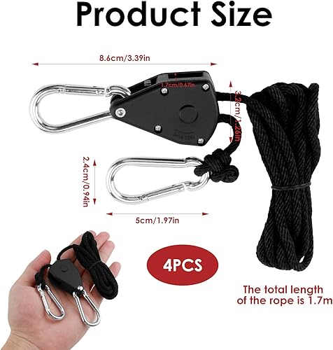 Cricchetto per corda con gancio, 4 pezzi, 2 m, 1/8 pollici, corda regolabile, cricchetto, accessori per la coltivazione, fune per tenda da sole - Honorern