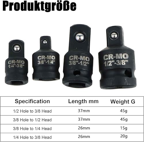 Set di 4 adattatori per bussola, set di adattatori, avvitatore a percussione per cricchetto da 1/4 su 3/8, 3/8 su 1/4, 3/8 su 1/2, 1/2 su 3/8 per chiavi a bussola - Honorern
