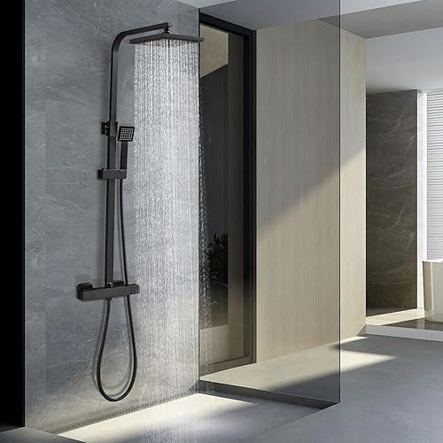 STANEW Colonna Doccia Con Miscelatore Termostatico,Set Doccia a Pioggia con Soffione e Doccetta a Mano，Doccetta flessibile, in acciaio INOX 304，Regolabile in altezza, Nero - Honorern