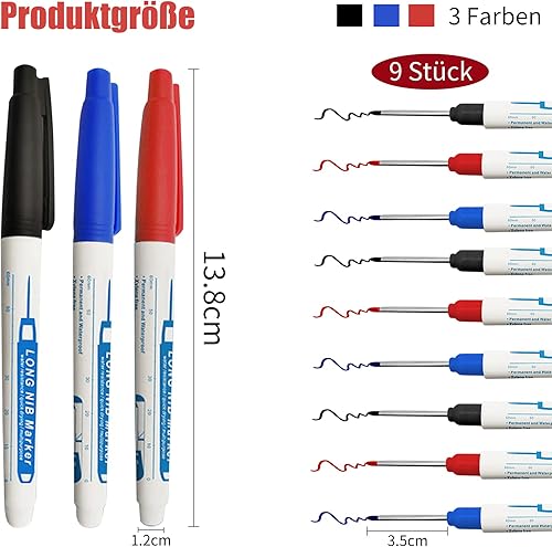9 pennarelli a punta profonda, 30 mm, punta extra lunga, per lavori di fai da te su legno, cartone, piastra in acciaio, 3 colori - Honorern