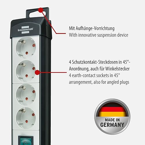 BRENNENSTUHL A1945153401951540101 1951540101-Base múltiple Premium-Line Gris Claro/Negra con varias posibilidad de instalación y fijación (4 Tomas y 5 m), Multicolor - Honorern