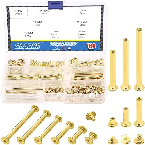 Set di 80 Viti Chicago Assortite M5 x 6/15/25/35/45/55, Placcate in Ottone per Rilegatura Libri, Rivetti, Cinture, Album Fotografici - Honorern