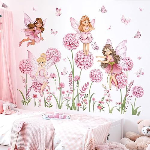 Adesivi Murali Fata Ragazza Fiori Rosa Adesivi da Parete Dente di Leone Fiore Farfalla Elfi Decorazione Murale Camerette Bambini Camera da Letto Asilo Nido - Honorern