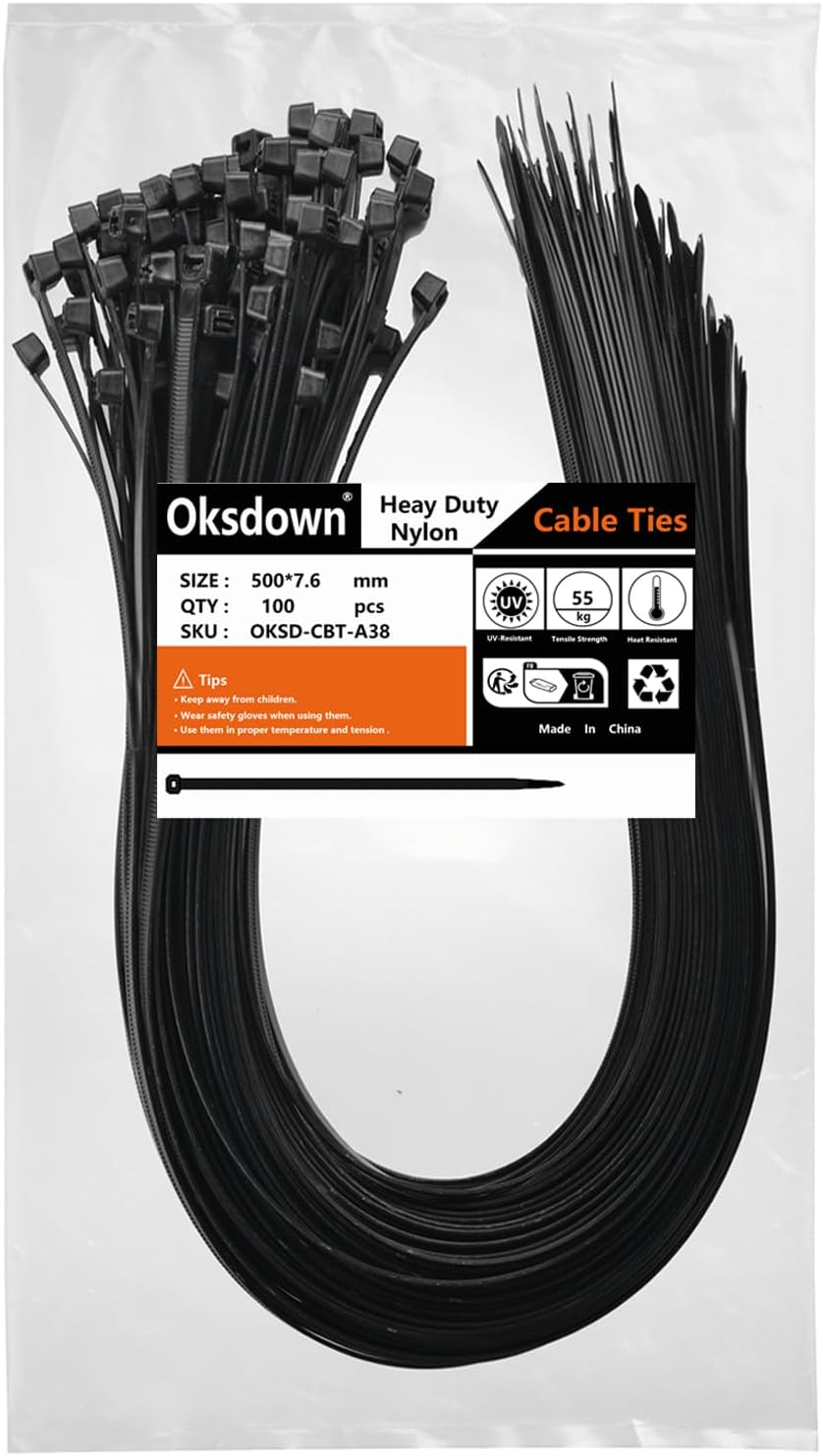 Oksdown Heavy duty Nero Fascette Plastica per Cavi Stringicavo 100 Pezzi 7,6mm x 300mm Nere Grande Nylon Fascette Elettricista per Gestione dei Cavi Elettrici Giardinaggio - Honorern