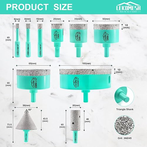 Punte Diamantate Gres Porcellanato - 11 pezzi (6/8/10/25/28/32/35/45/65mm+20mm Fresa Punte Diamantata+50mm Punte per Smusso) Frese per Piastrelle Gres Ceramica Marmo, Gambo Triangolo - Honorern