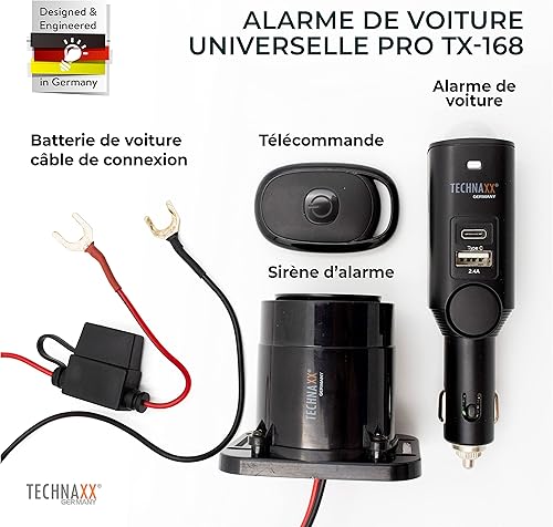 Sistema di allarme Technaxx con sensore di movimento PIR per auto, furgoni, veicoli, case, sirena esterna da 105 dB, 2 porte USB – Autonomia ~7 giorni - Allarme per la sicurezza dell´ auto TX-168 - Honorern